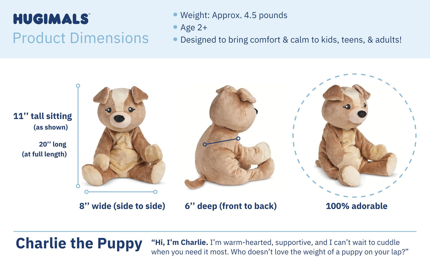 Hugimals Charlie The Puppy 4.5 Lb Heavy Cute Weighted Comfort Plush Large Unscented Self Care Stuffed Animal For All Ages - Kids, Teens And Adults