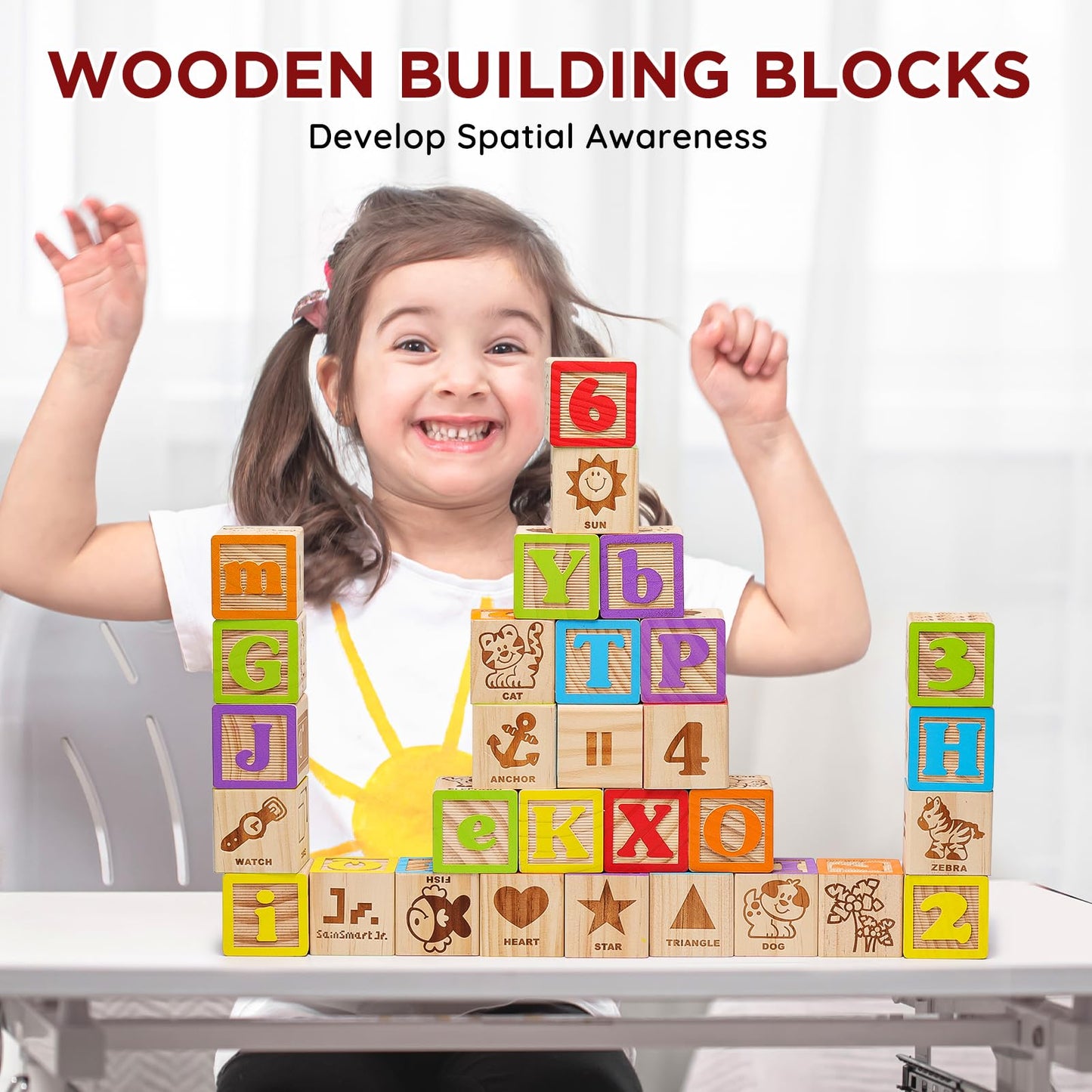 SainSmart Jr. Wooden Alphabet Blocks 1.73 Inch  30Pcs Building Blocks Including Letters  Numbers and Animals  Montessori Wooden Blocks for Preschool Toddlers