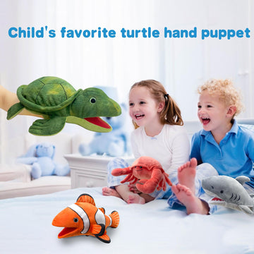 Justqunseen Hand Puppet - Realistic 13'' Sea Turtle Puppet For Kids, Plush Stuffed Animal With Moveable Mouth, Role Play Teachin