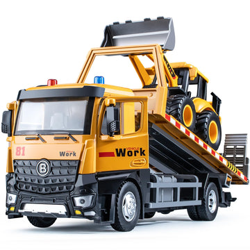 HAPYAD Tow Truck Toy Metal Cab, Flatbed Tow Truck Toys for Boys with Backhoe Loader, Friction Powered Transport Trailers with Li