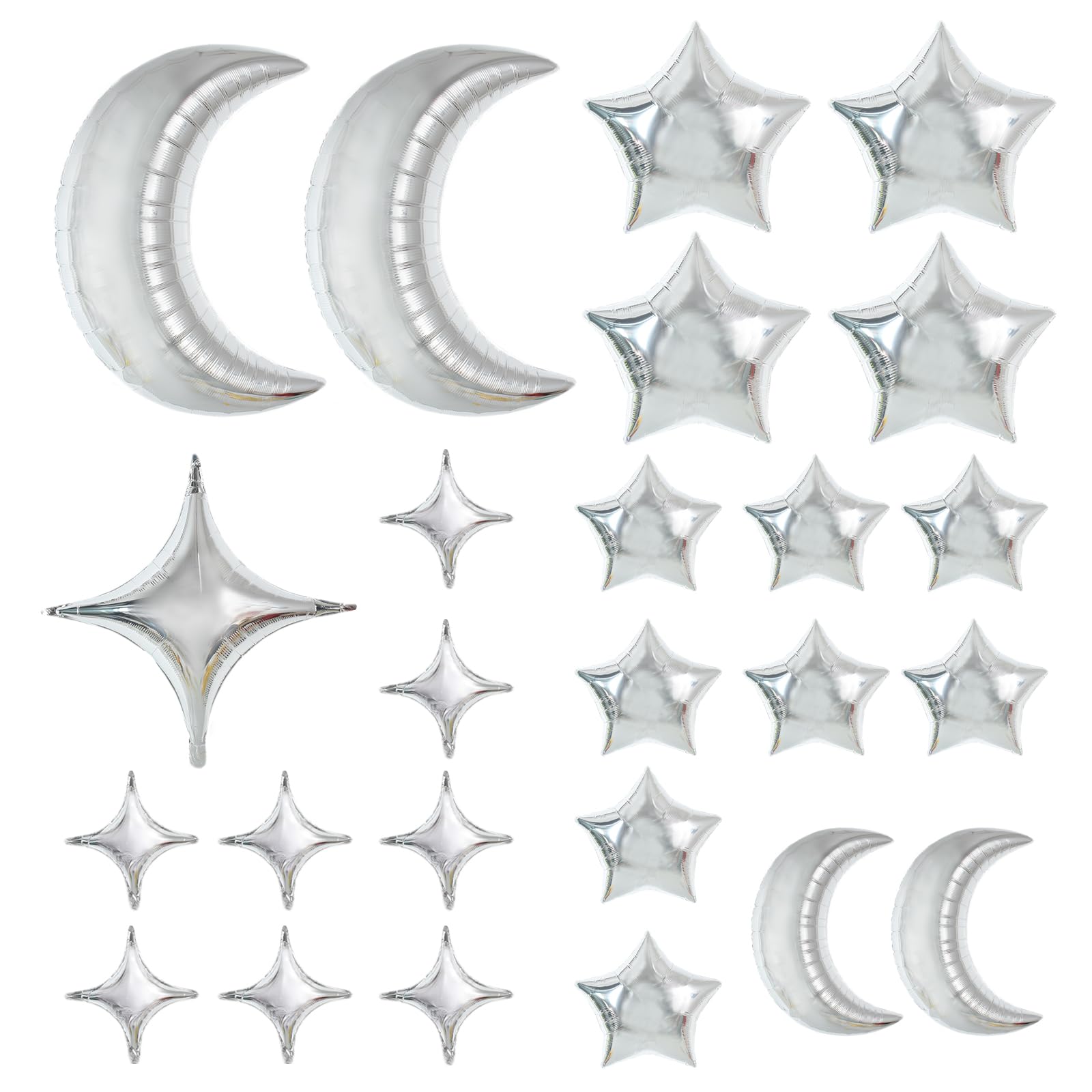 TONIFUL 52pcs Silver Moon & Star Foil Balloons - Large Moon Shape, Star Mylar for Birthday, Wedding, Baby Shower, Anniversary & 