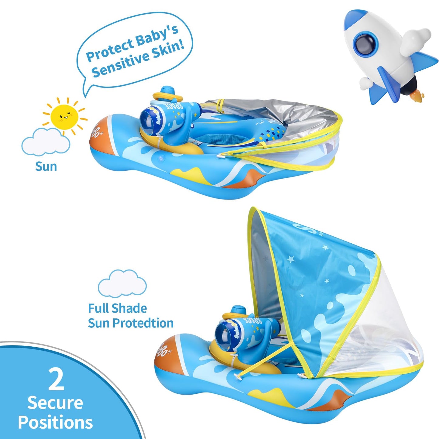 Swimbobo Baby Pool Float Ring With Adjustable Sun Canopy And Safety Seat Pool Toy For Age Of 6-36 Months