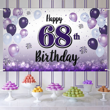 LASKYER Happy 68th Birthday Decorations,68th Purple Balloon Large Birthday Banner Backdrop Sign,68 Years Old Bday Party Supplies