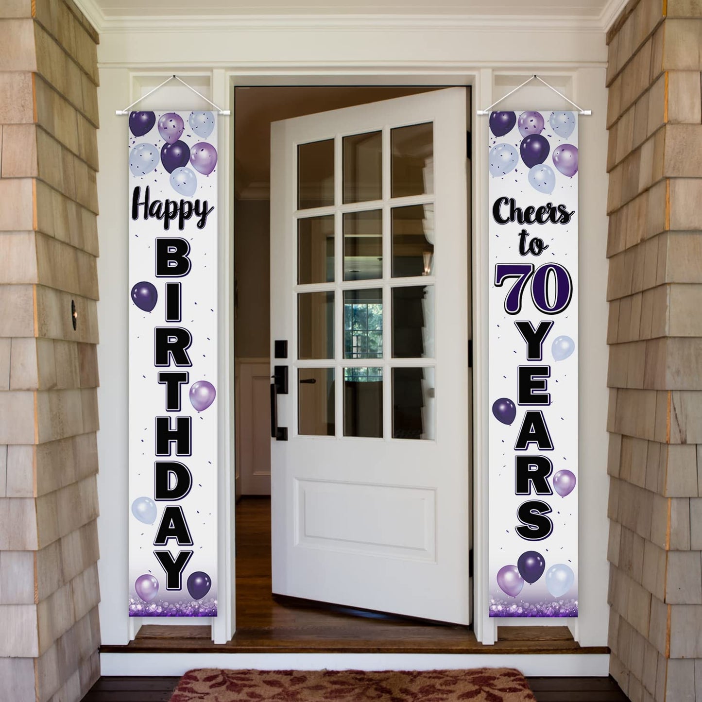 LASKYER Happy 70th Birthday Decorations,70th Purple Balloon Birthday Theme Door Hanging Banner Sign,Cheers to Seventy Years Old