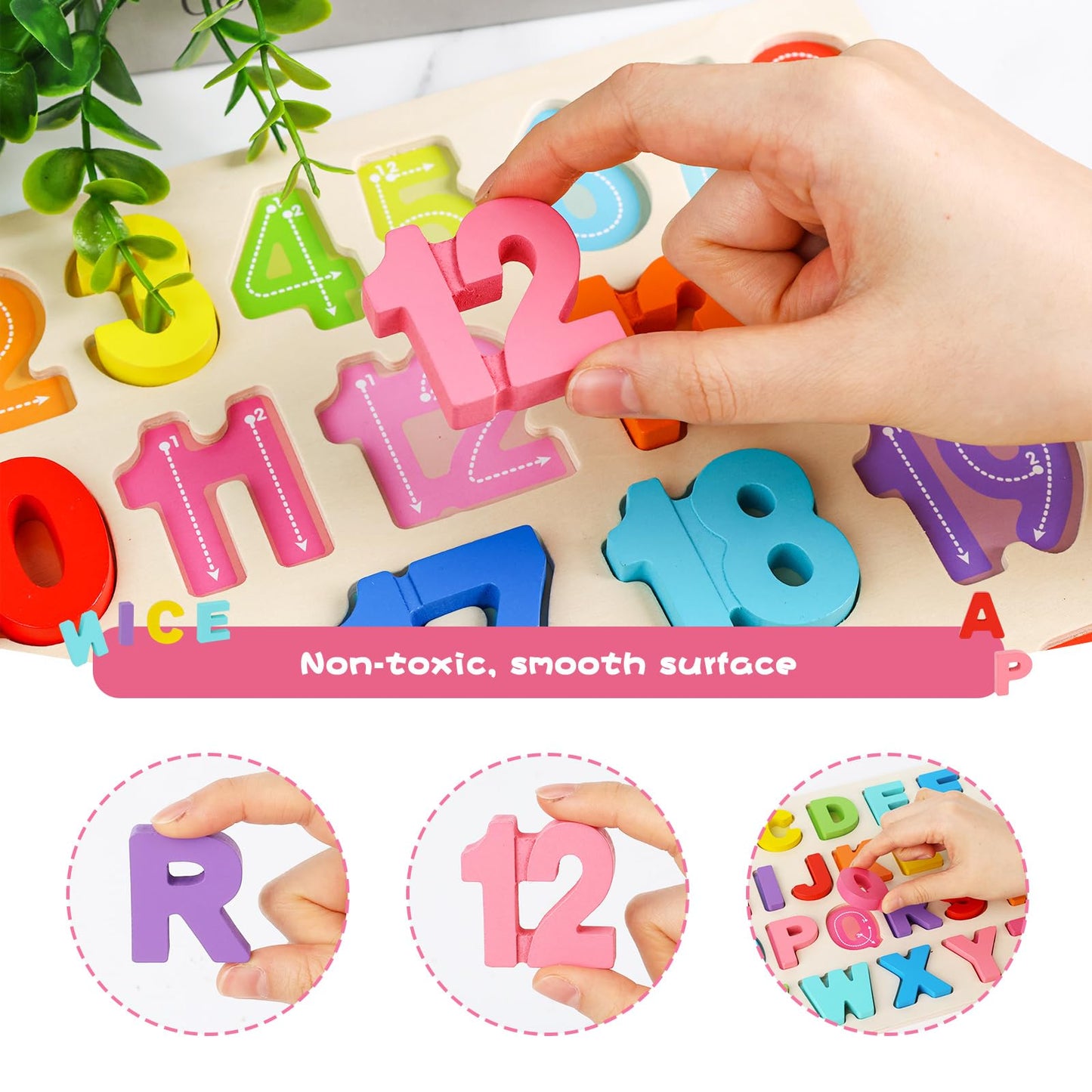 Amor Present Wooden Puzzles For Toddlers, Alphabet And Number Shape Puzzle Board, Preschool Learning Educational Toys For Kids