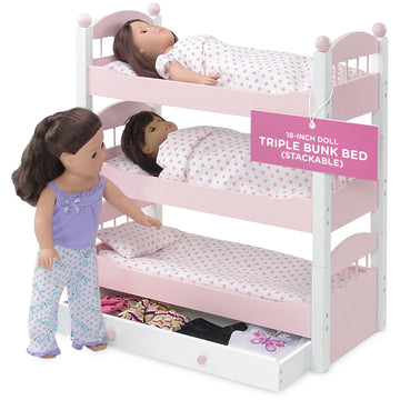 Emily Rose Doll Clothes Triple Bunk Bed, 18 Inch Doll Bedroom Furniture 3 Single Stackable Beds, Wooden Doll Accessories Bunkbed 18-In Doll Bedding, Toy Playsets - Fits 15' - 19' Dolls
