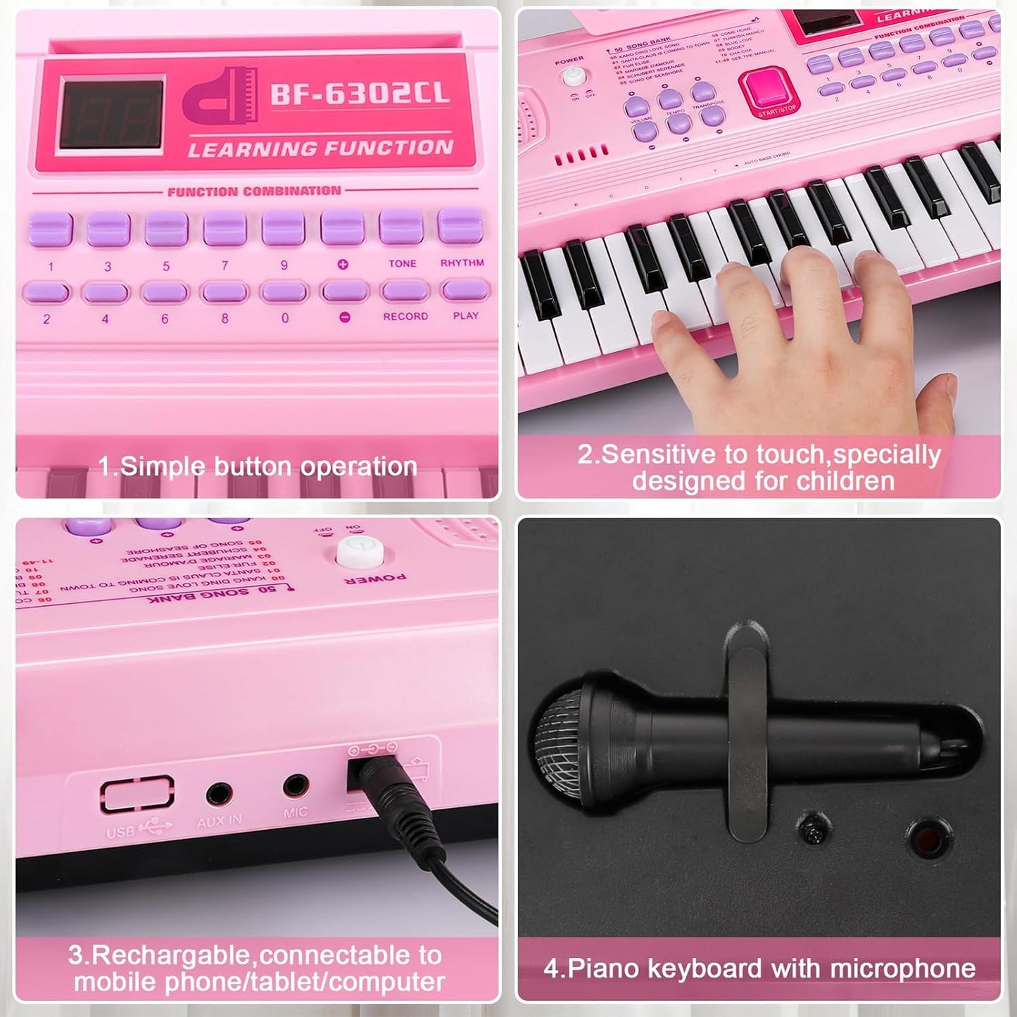 WOSTOO 61-Key Kids Keyboard Piano, Portable Pink Electronic Toy with Microphone & Music Stand, Ideal for Beginners