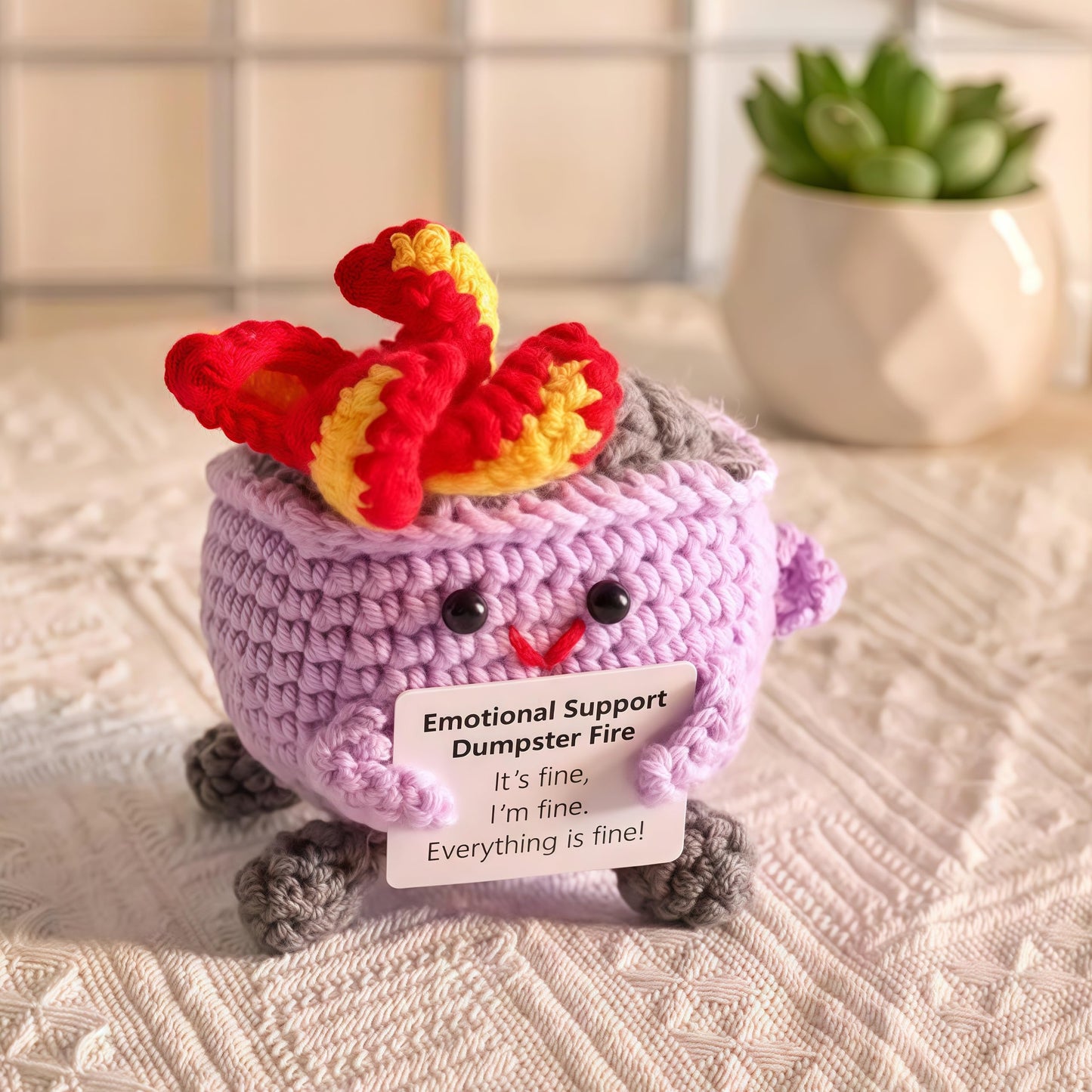 Emotional Support Dumpster Fire, Cute Funny Mini Handmade Doll With Encouragement Card, Handmade Crochet Dumpster Fire Doll Deco
