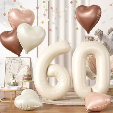 Biapian 60 Inch Cream Number 50 Balloons, 8Pcs Giant Foil Number 6 & 0 Balloons With 18'' Cream White Heart Balloon For 60Th Yea