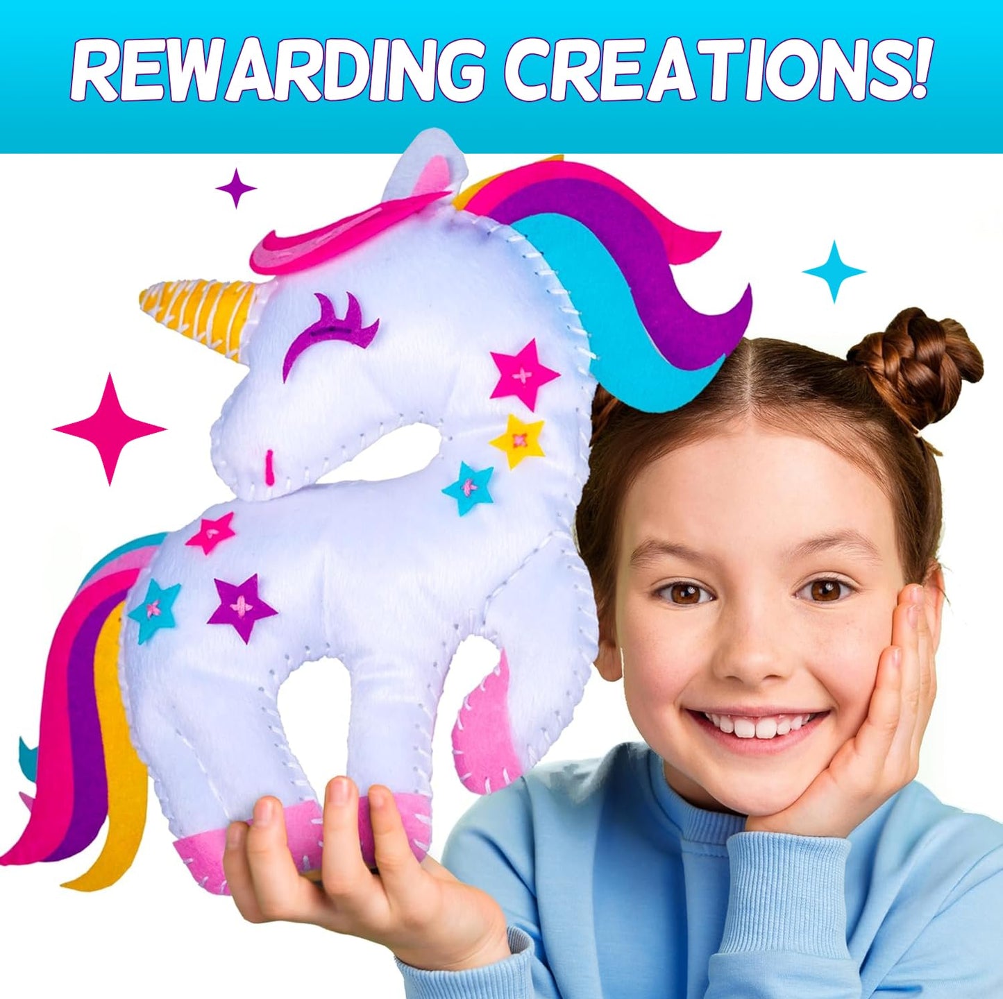 CRAFTSBEE Magical Unicorn Sewing Kit - Create 5 Felt Animals & Pillow - Large, Unicorn Crafts for Girls 7+