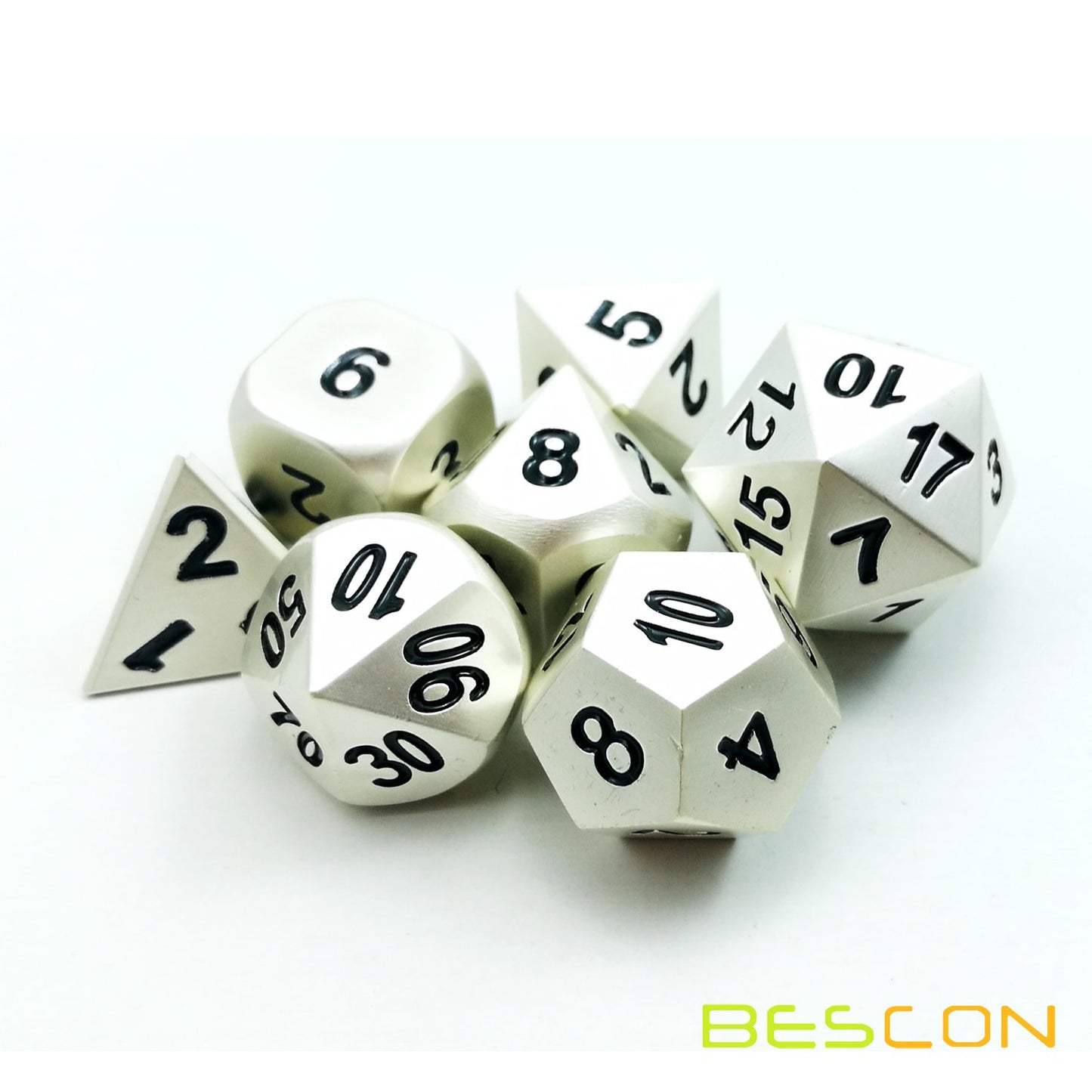 Bescon RPG Metal Dice Set of 7 Matt Pearl Silver Effect Solid Metal Polyhedral RPG Role Playing Game Dice 7pcs Set