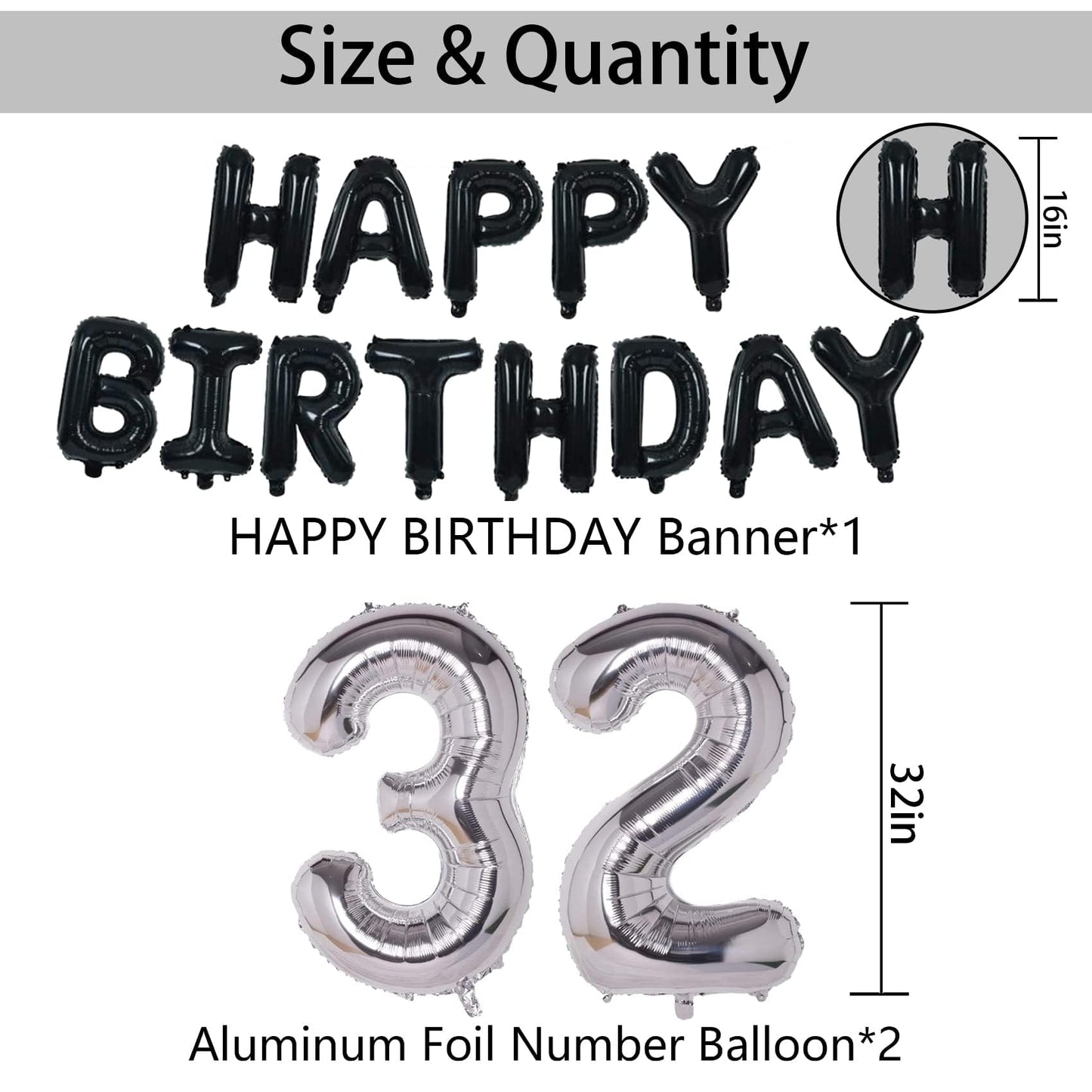 Naninuneno 32Nd Black Silver Birthday Party Decorations For Men Women, Happy 32 Birthday Party Supplies With Black Happy Birthda