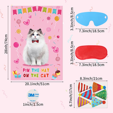 Pin The Hat On The Cat Party Game Cat Birthday Party Games For Kids, Cat Birthday Party Supplies Decorations For Girls Boys, Large Pin The Tail Poster With 54 Hat Stickers