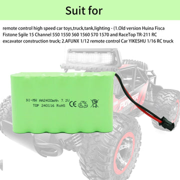 Tosiicop 7.2V 2400Mah Nimh Battery - Rc Car Rechargeable Battery Aa With Sm-2P 2 Pin Plug And Usb Charge Cable For Rc Truck Car
