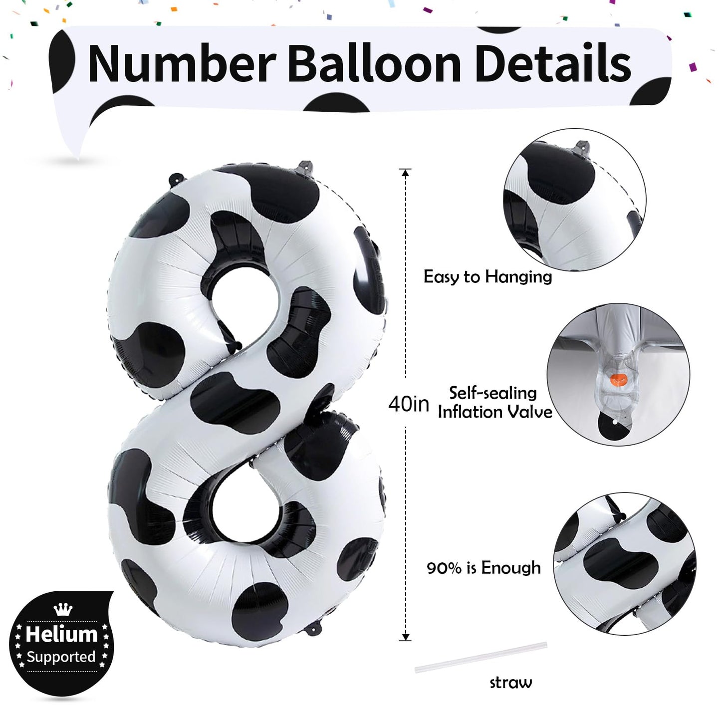 40 Inch Cow Print Number 8 Balloons, Large Foil 8Th Birthday Balloon Decorations For Girls, Self Inflating Number 8 For Boys Bir