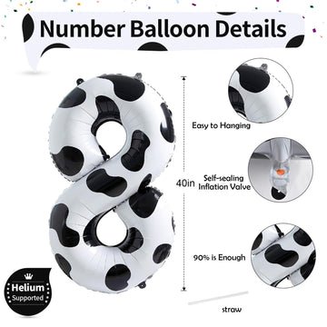 40 Inch Cow Print Number 8 Balloons, Large Foil 8Th Birthday Balloon Decorations For Girls, Self Inflating Number 8 For Boys Bir