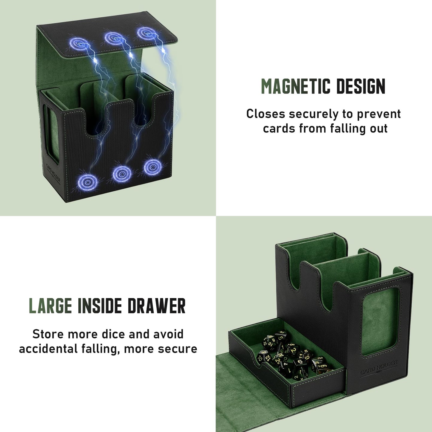 TiMOVO MTG Deck Box  MTG Commander Card Deck Box with Commander Display & Dice Tray Fits 400+ Unsleeved Cards  Leather Magnetic Card Storage Case with 6 Dividers for TCG CCG Magic Cards  Black+Green