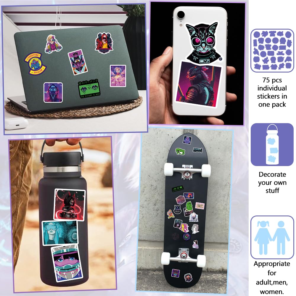 Detickers 75 Pcs Cyberpunk Stickers For Laptop Vaporwave Stickers For Adults Cyberpunk Stickers Waterproof Vaporwave Vinyl Stick