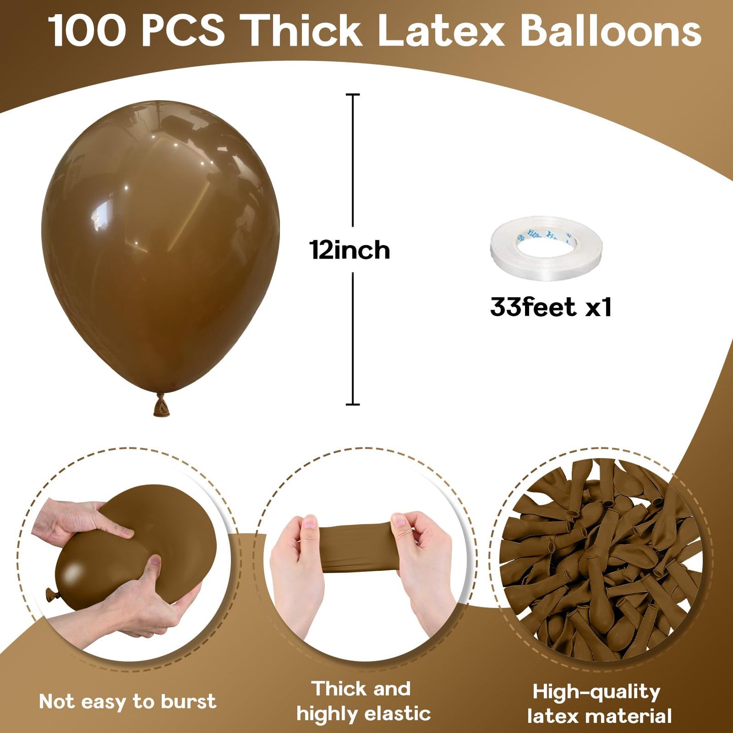 Jobkoo Brown Balloons 12 Inch, 100 Pack Light Brown Balloon Coffee Chocolate Brown Latex Balloons Matte Tan Caramel Mocha Helium