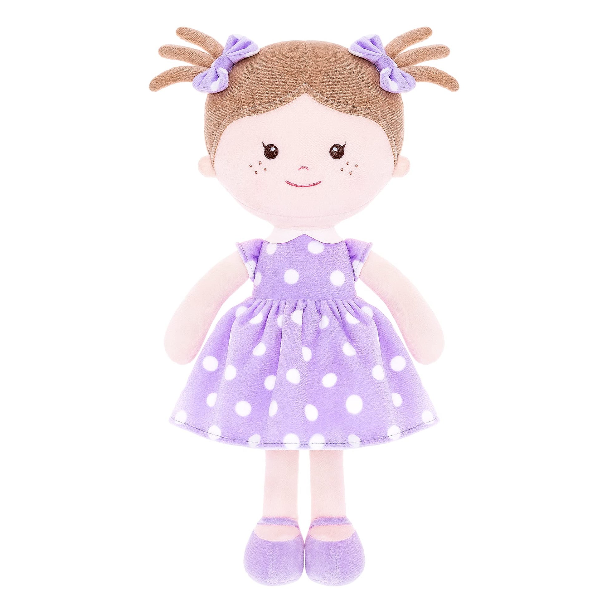 Onetoo Plush Rag Doll First Baby Doll Soft Baby Doll Sleeping Cuddle Buddy Doll For Girls Wear Purple Polka Dot Dress 14'(Milly Series)