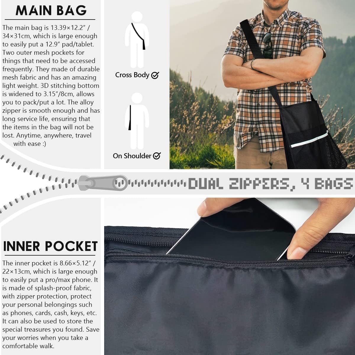Qiipii Semi Transparent Mesh Bags Cross Body See Through Shoulder Bag For Men Women College Students Sports Events Seashell Beac