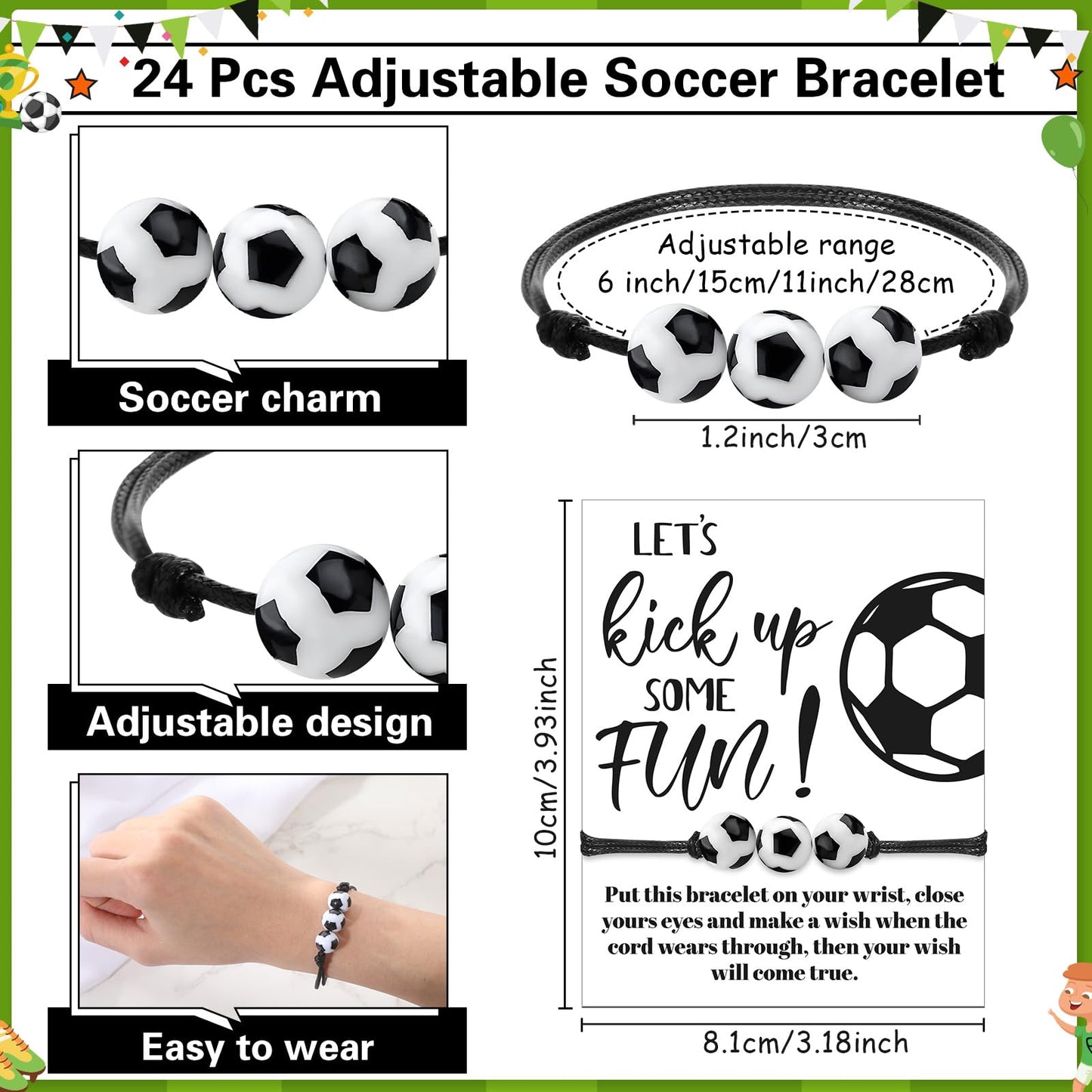 Equsion 144 Pcs Soccer Party Favors Drawstring Bags with Adjustable Bracelets Stress Balls Keychains Stickers and Wish Cards for