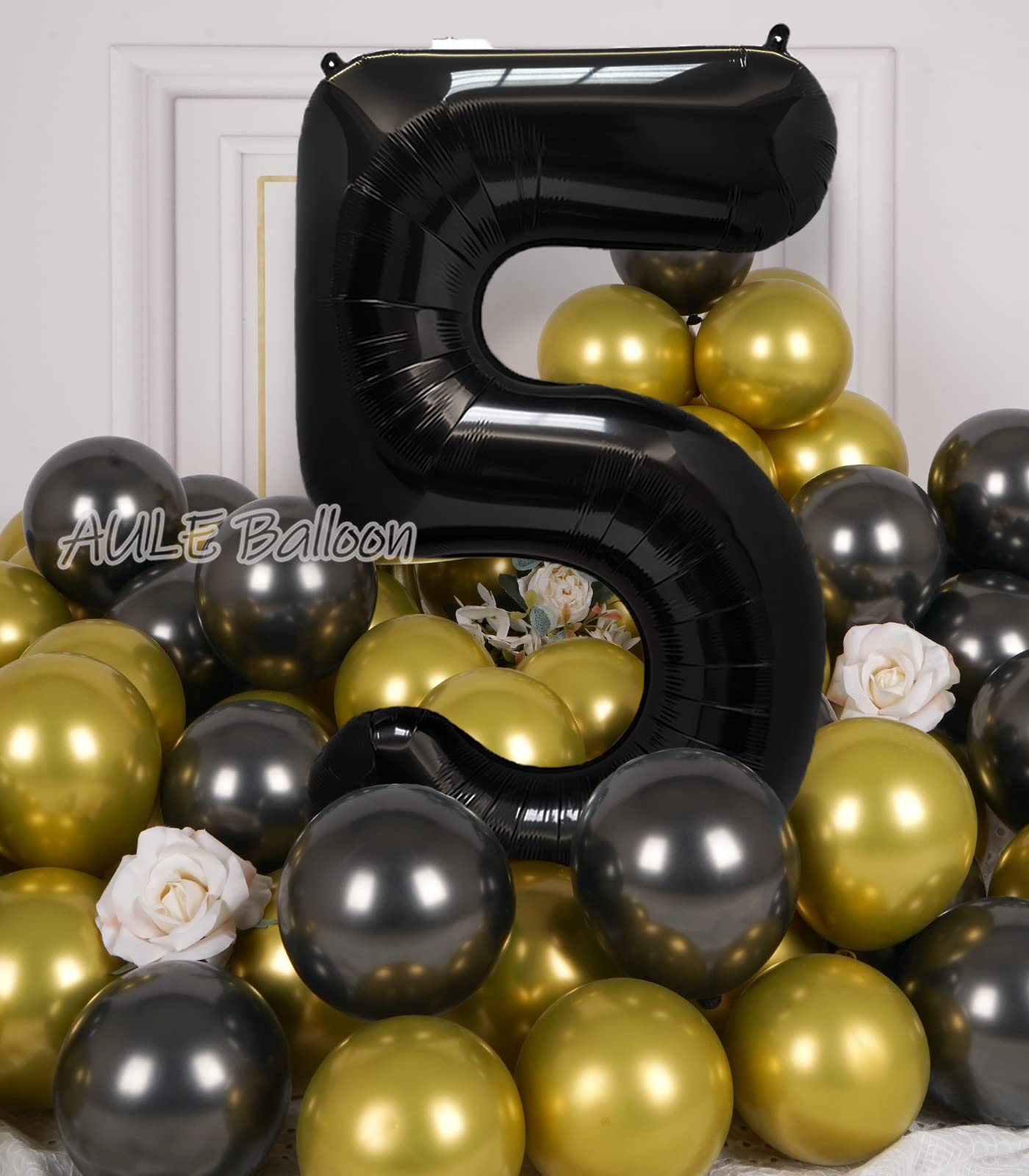 Aule 40 Inch Big Black 5 Balloon Number Large Foil Helium Number Balloons 0-9 Jumbo Giant Happy 5Th Birthday Party Decorations F