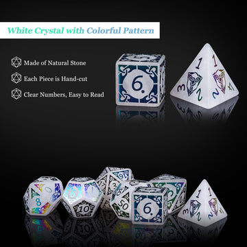 UDIXI Gemstone Dice Set D&D 7 Piece White Crystal Stone DND Dice with Gift Case, Polyhedral Dice for Dungeons and Dragons MTG Ta