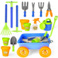 deAO Kids Garden Wagon Wheelbarrow Play Set - 10 Accessories, 4 Plant Pots, Blue Plastic - Great Outdoor Toddler Gardening Toys