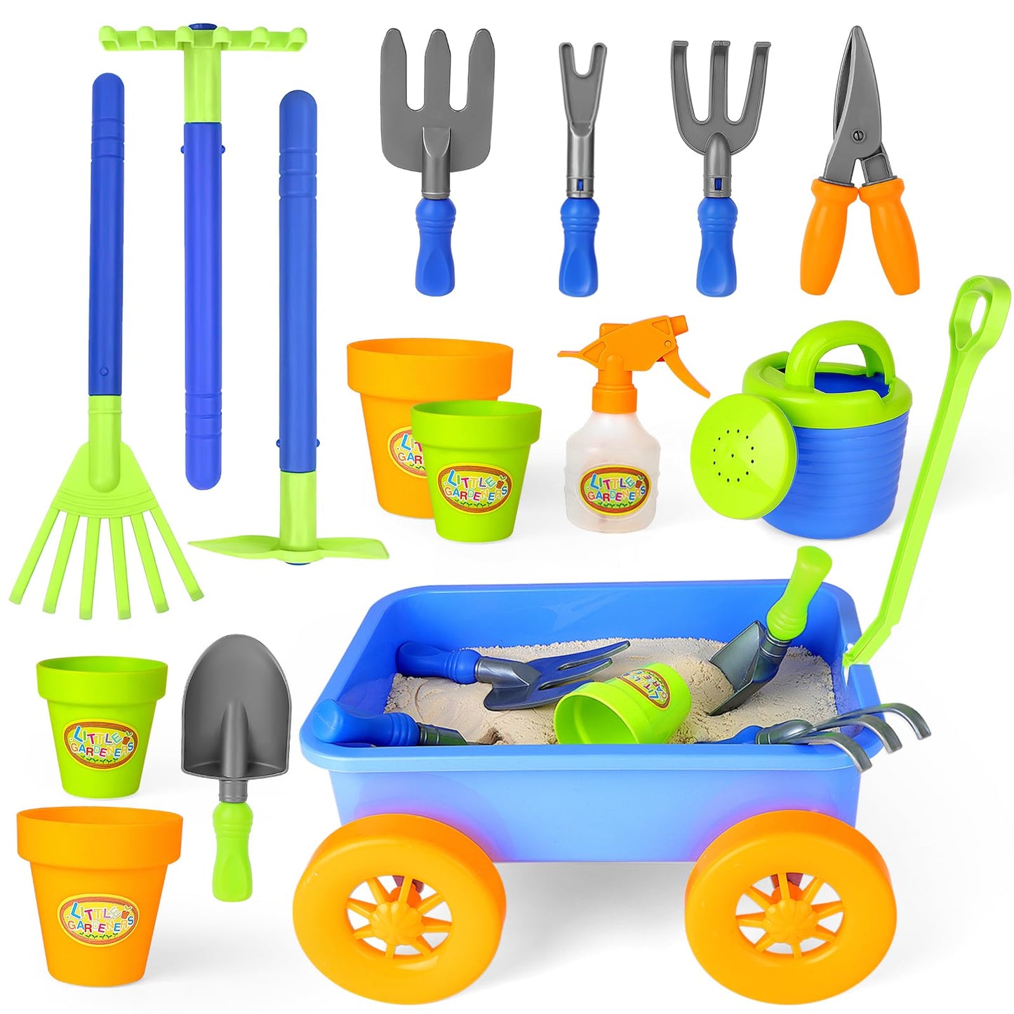 deAO Kids Garden Wagon Wheelbarrow Play Set - 10 Accessories, 4 Plant Pots, Blue Plastic - Great Outdoor Toddler Gardening Toys