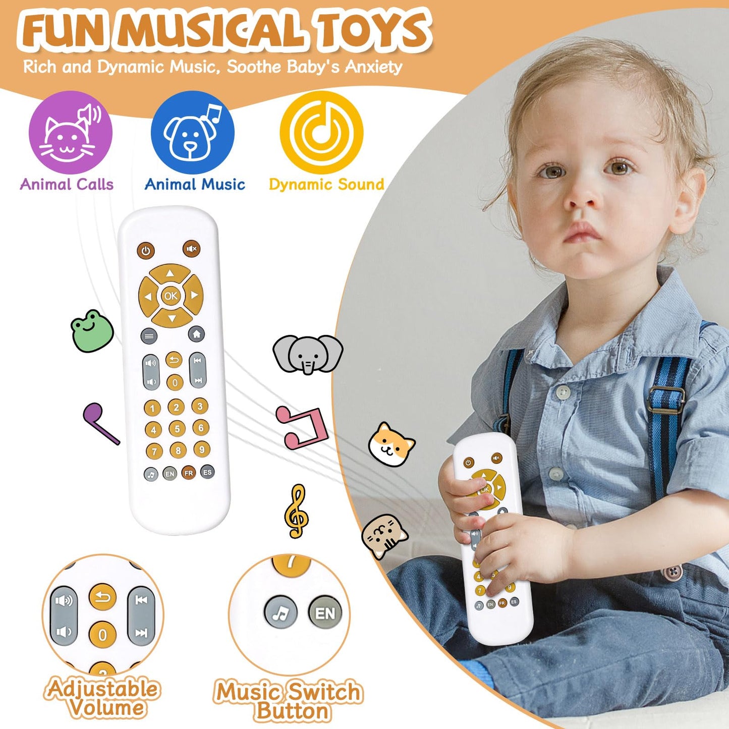 Orzbow Baby Remote Control Toy For 6 Months+ With Music, Tv Remote Toy With Realistic Light And Sound - English, French And Spanish For Infant Play Remote Musical Toys, Bpa Free, White