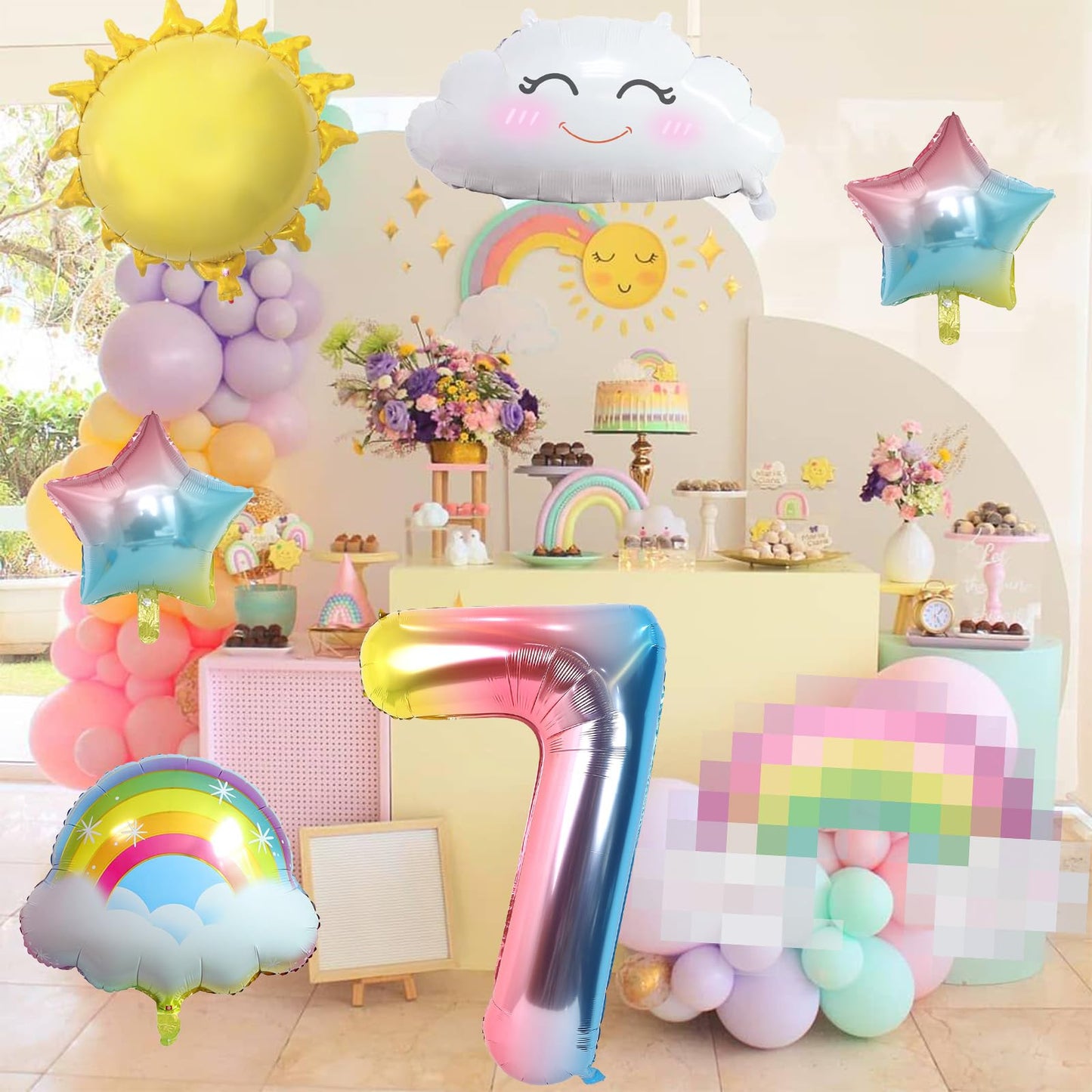 7Th Rainbow Birthday Decorations, 7Th Rainbow Birthday Foil Balloons Set With Sun Rainbow Gradient Stars And 40 Inch Number 7 Ba