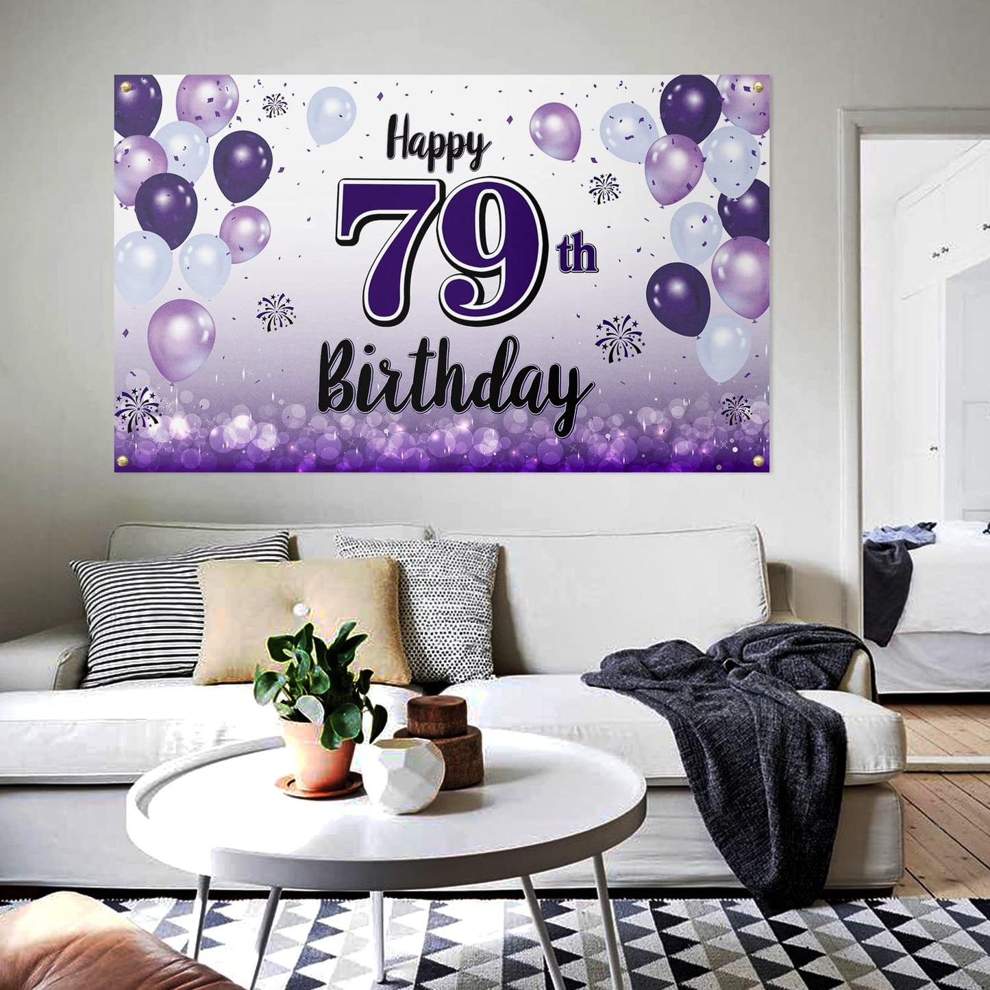 LASKYER Happy 79th Birthday Decorations,79th Purple Balloon Large Birthday Banner Backdrop Sign,79 Years Old Bday Party Supplies