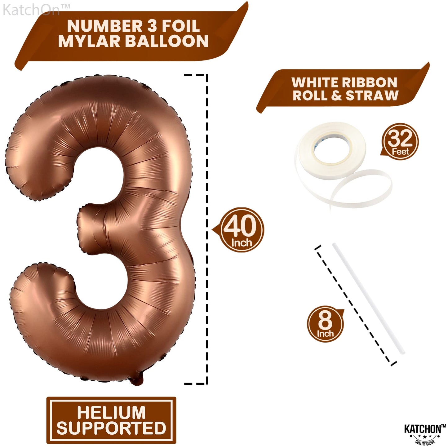 Katchon, Coffee Brown Number 3 Balloon - 40 Inch | Giant, 3 Balloon Number, 3Rd Birthday Decorations For Girls | 3Rd Birthday Decorations For Boys | 3 Year Old Birthday | Dinosaur 3Rd Birthday Decor
