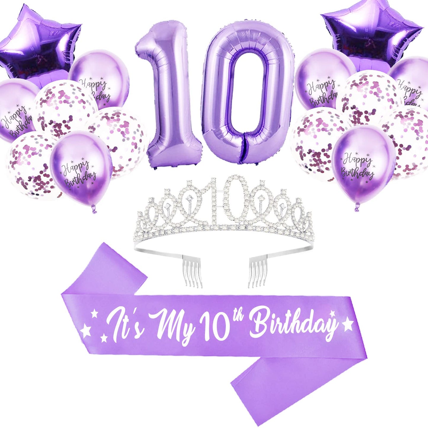 Lavender and Silver 10th Birthday Package: Glitter Sash, Crown, Foil Balloons & Latex Balloons