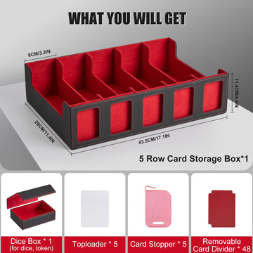 5-Row Trading Card Storage Box  Protable 3900+ MTG Deck Box with Removable Lid  Leather Magnetic Closure Commander Deck Box with 5 Toploaders  5 Stoppers  48 Dividers 1 Dice Tray (Black & Red)
