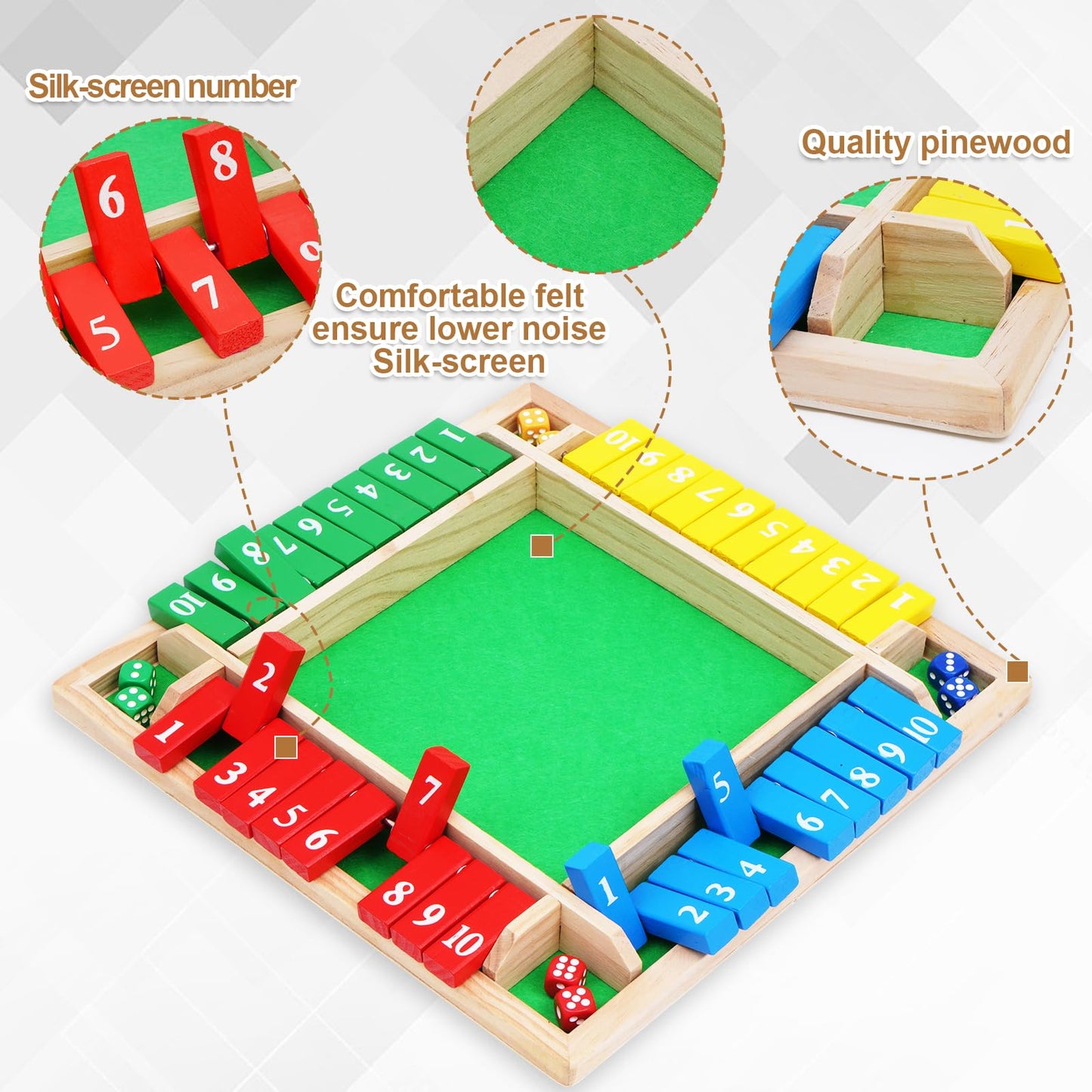 Cretvis 1-4 Players 12In Large Shut The Box Dice Game, 10 Numbers Traditional Wooden Pub Bar Board Family Table Mat Game Dice Fo
