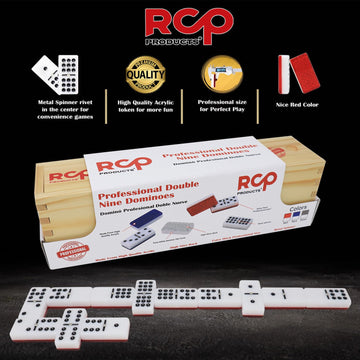Rcp Products Double Nine Dominoes Professional, High Gloss Dominoes Set In Wood Box, Set Of 55 Tiles Color Red