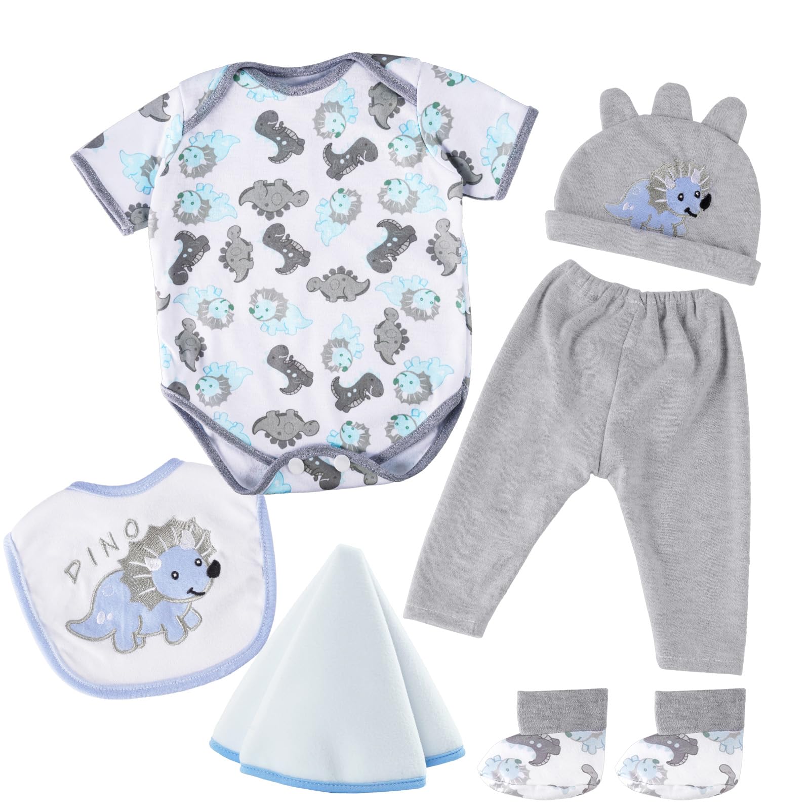 Babeside 6 Pcs Reborn Baby Doll Clothes For 17-22 Inch Dinosaurs Baby Doll Clothes Outfits With Hat Headscarf Newborn Boy&Girl