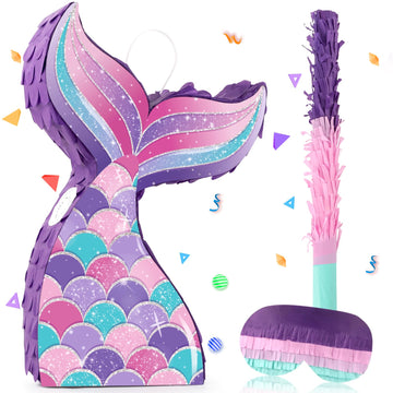 Mermaid Tail Pinata Glitter with Paper Can Stick and Eye Mask Mermaid Birthday Party Decoration Mermaid Pinata Game Girls Kids C