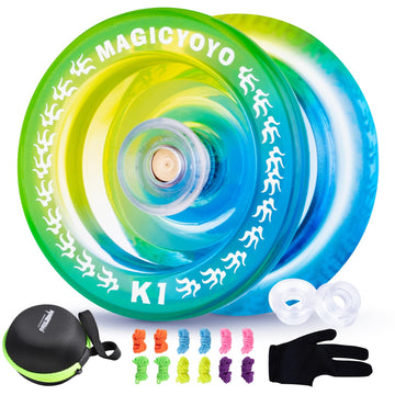 Responsive Yoyo K1 Plus - Plastic Yoyo For Kids Beginners, Yo-Yo Professional Finger Spin Yoyo Tricks With Adults, 12 Yoyo Strings + Yoyo Stroage Bag + Yoyo Glove + 2 Hubstack(Blue Yellow)
