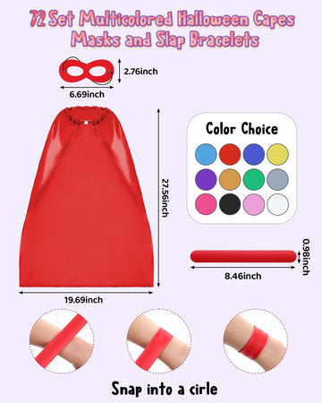 Jenaai 72 Sets Halloween Capes and Masks for Kids with Slap Bracelets Heroic Party Cosplay Group Dress up Costume