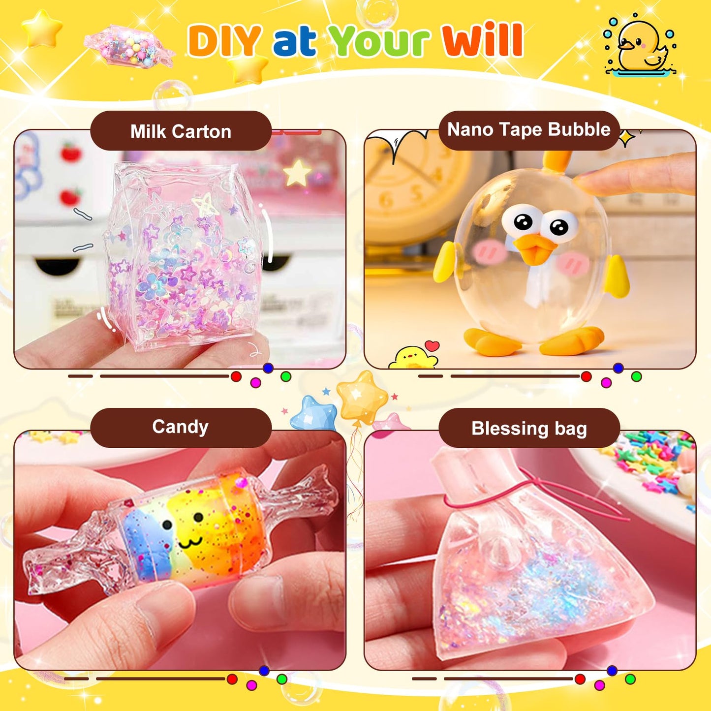 Lokuc Duck Theme Nano Tape Bubble Kit for Kids, 19.7Ft Plastic Kit with Glitter, Clay, Beads, Stickers, Yellow, Model NMJTZ-3