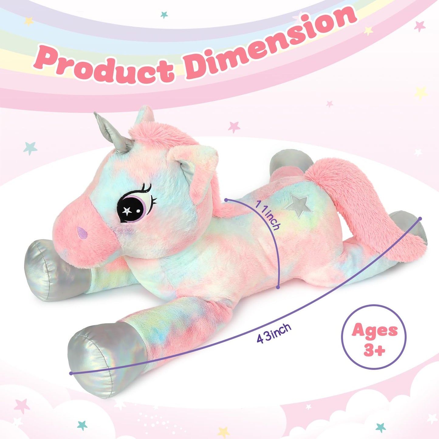 Beniny 43In Giant Unicorn Stuffed Animal Plush Toy, Big Rainbow Cuddly Unicorn Toys For Girls, Large Stuffed Unicorn Plushie Bir