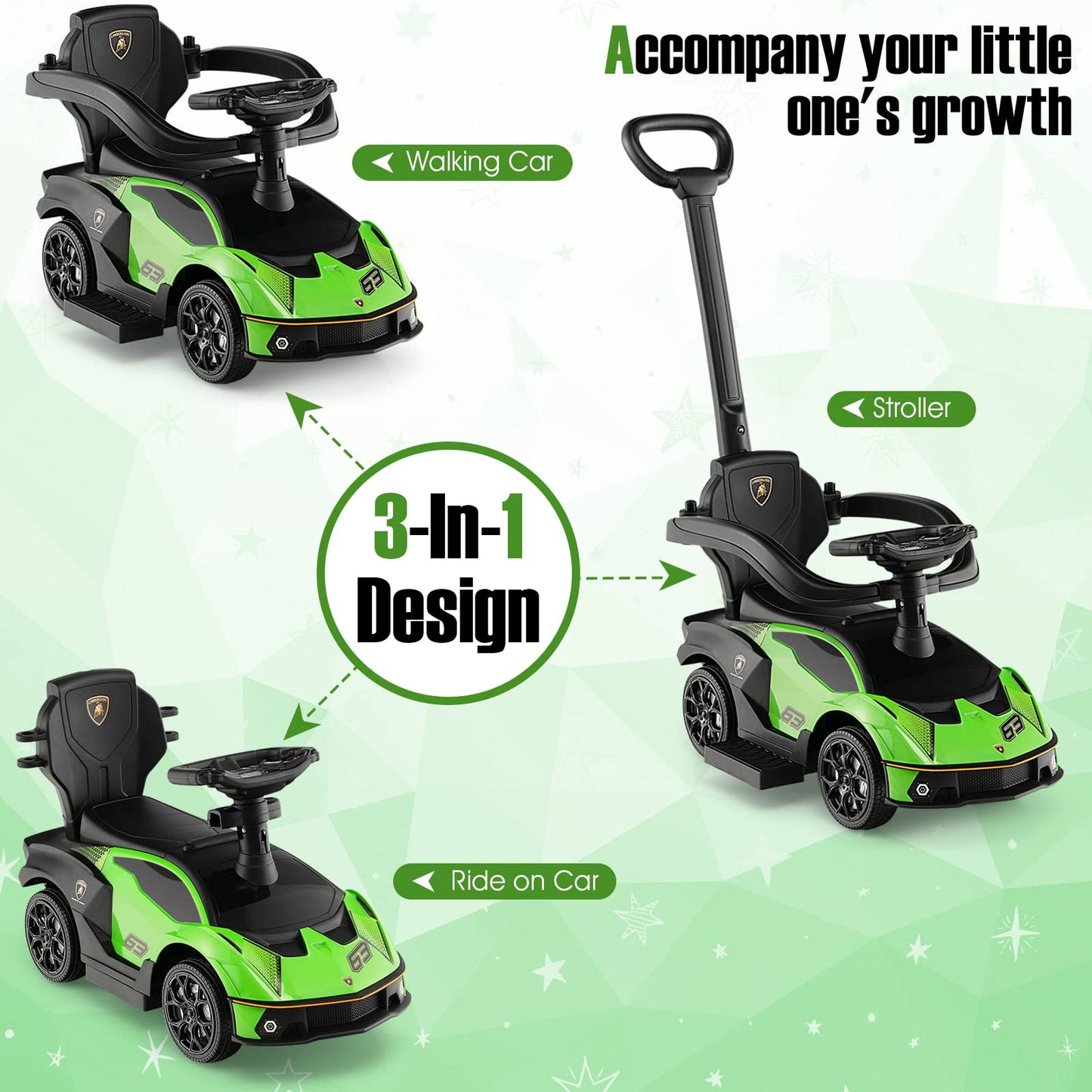 Honey Joy Ride On Push Car, Licensed Volkswagen Kids Sliding Car W/Adjustable Push Handle, Sun Canopy & Safety Guardrails, Music & Horn, Lights, Usb, Push Cars For Toddlers Boys Girls, Green