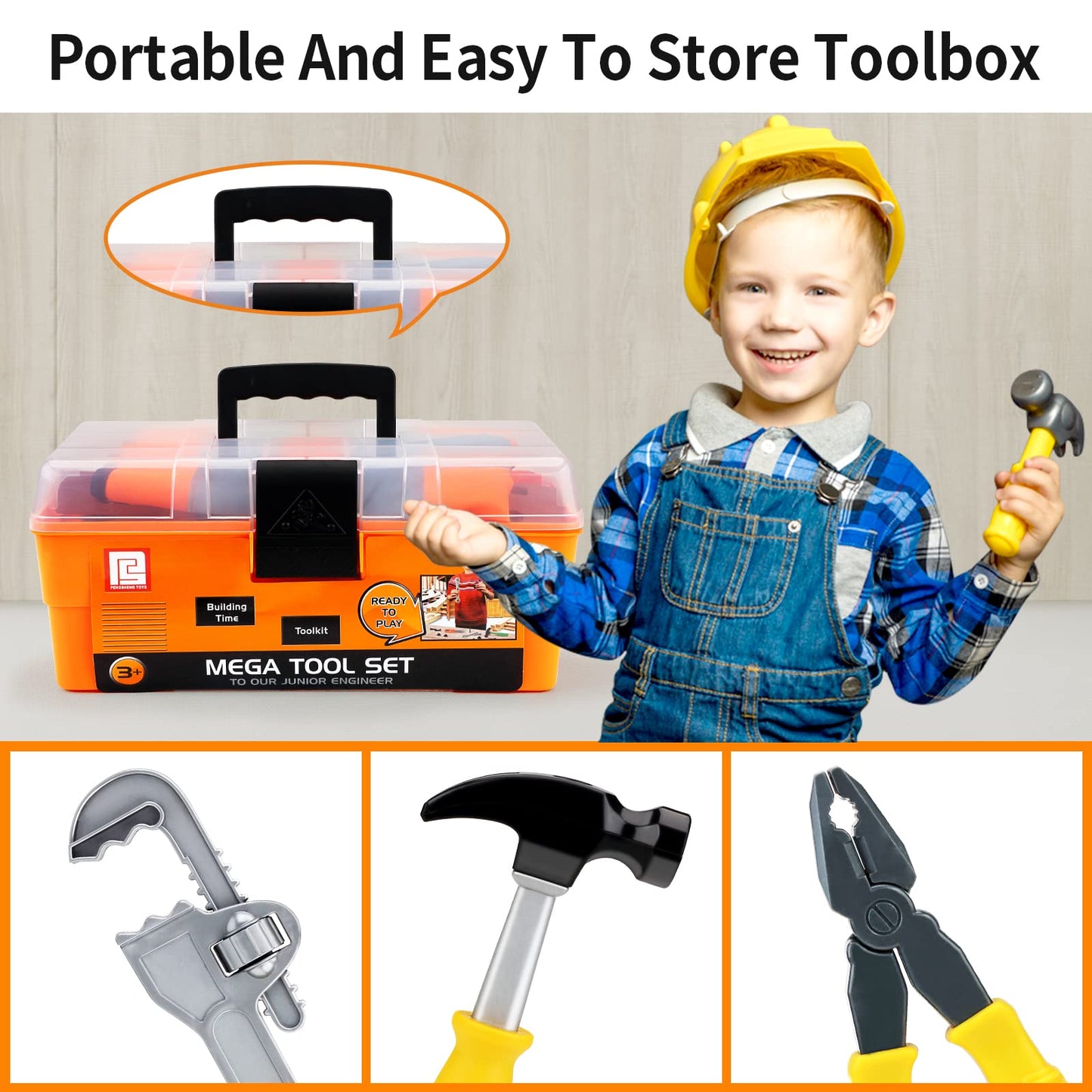 Deejoy Tool Set with Tool Box & Electronic Toy Drill, Pretend Play Kids Construction Kits for Kids Ages 3-5 Years Old, Toddler B