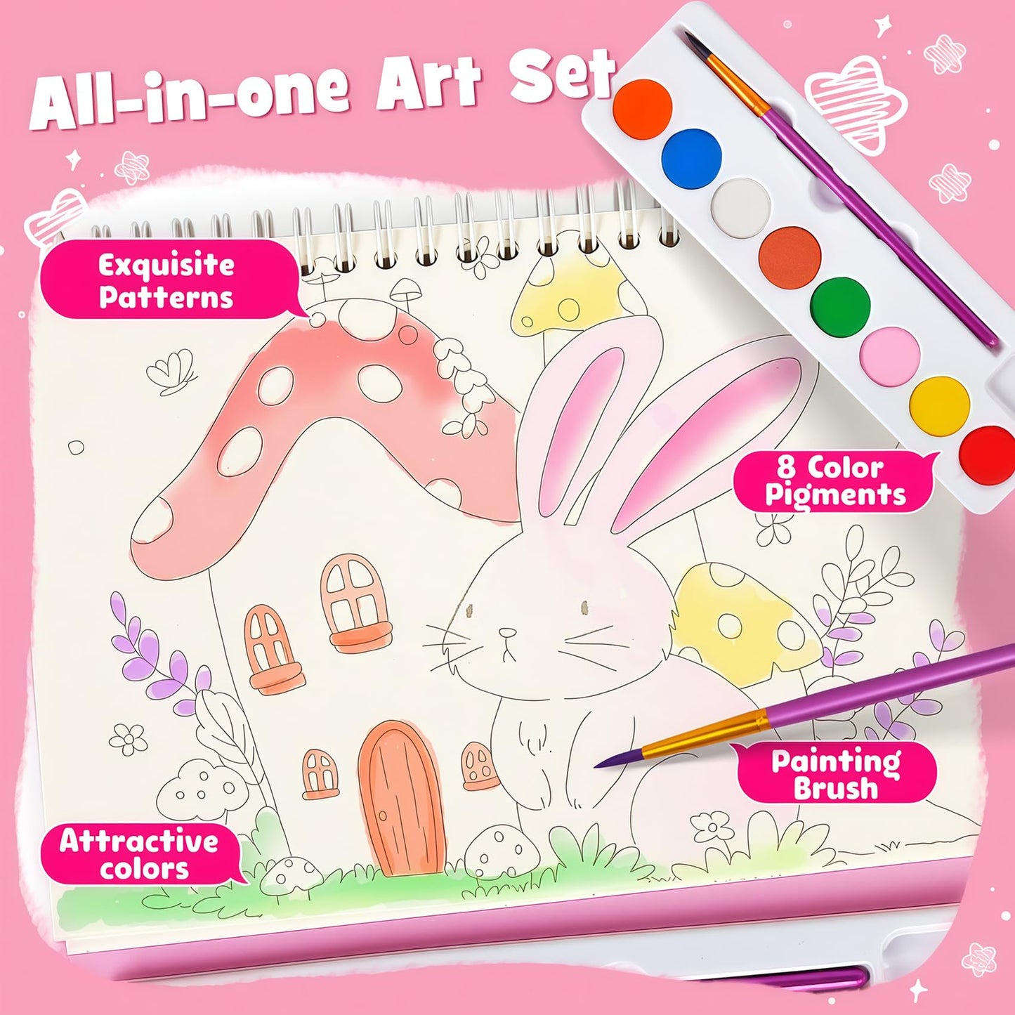 ROOCHKD Mess Free Paint with Water Watercolor Book, Portable Spiral-Bound Painting Art Set Gifts for Kids, Travel Friendly