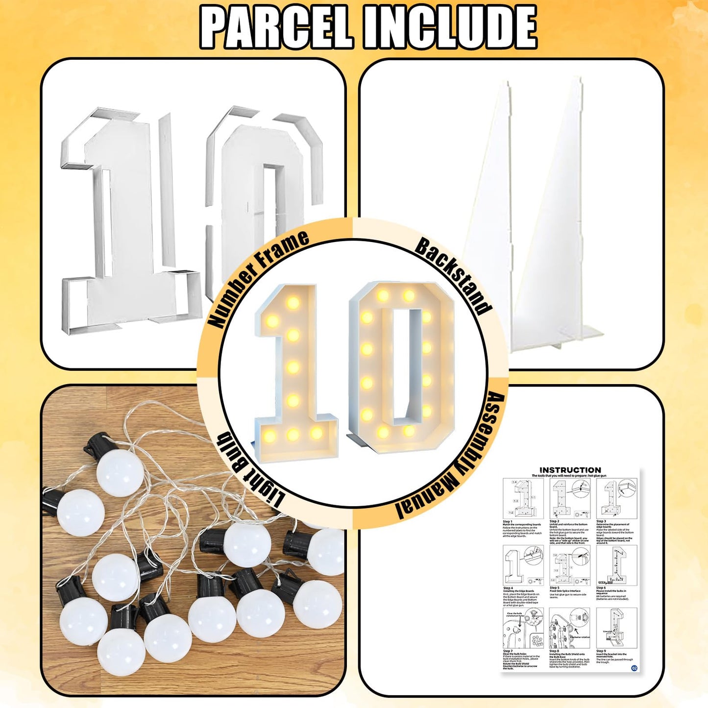 4Ft Light Up Numbers 10 Mosaic Numbers Marquee Frame For 10Th Birthday Party Large Cardboard With Light Bulbs Pre-Cut Kit Giant Cut-Out Thick Foam Board Sign Diy Boys Girls Decorations Anniversary