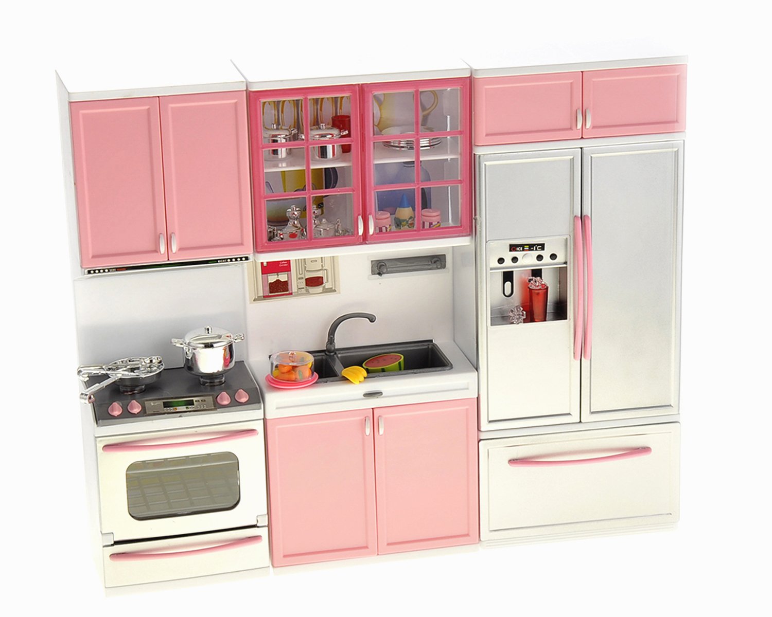 PowerTRC Doll Kitchen Play Set, Mini Modern Toy Pink Kitchen Pretend Play Furnitures Toy Set Accessories Set with Realistic Ligh