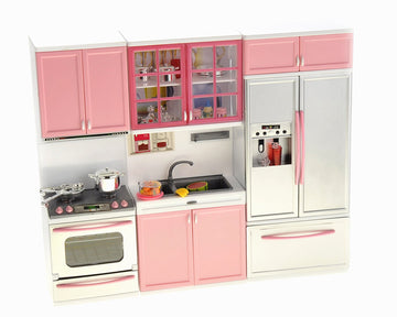 PowerTRC Doll Kitchen Play Set, Mini Modern Toy Pink Kitchen Pretend Play Furnitures Toy Set Accessories Set with Realistic Ligh